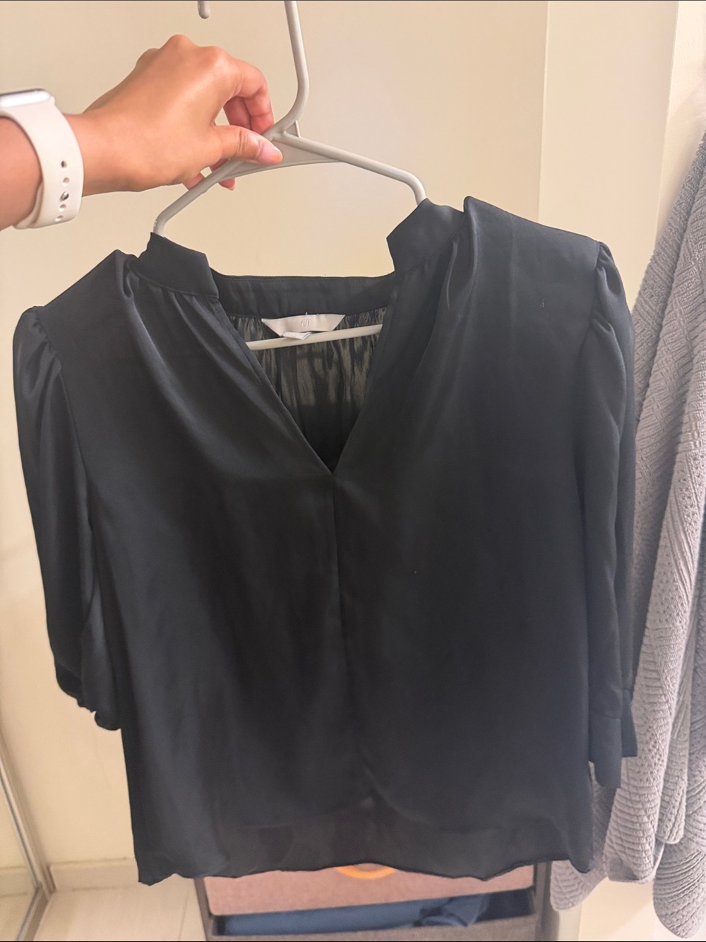 Black V-Neck Satin Blouse - Women Tops